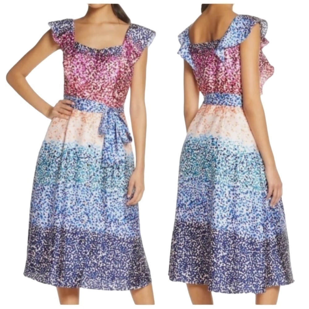 NWT Julia Jordan Short Flutter Sleeve Mixed Dot Twill Waist Tie Dress